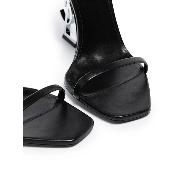 Saint Laurent Opyum 110 Black Leather Silver YSL Logo Strap Sandal Heel Pump 37 - Picture 6 of 11